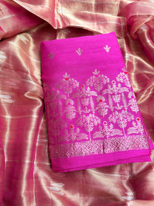 Pink moonga kadhwa suit with tissue kadhwa dupatta