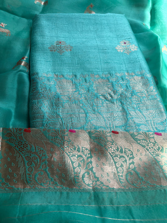 Blue raw silk Kurta, bottom , Kora silk deer motif dupatta