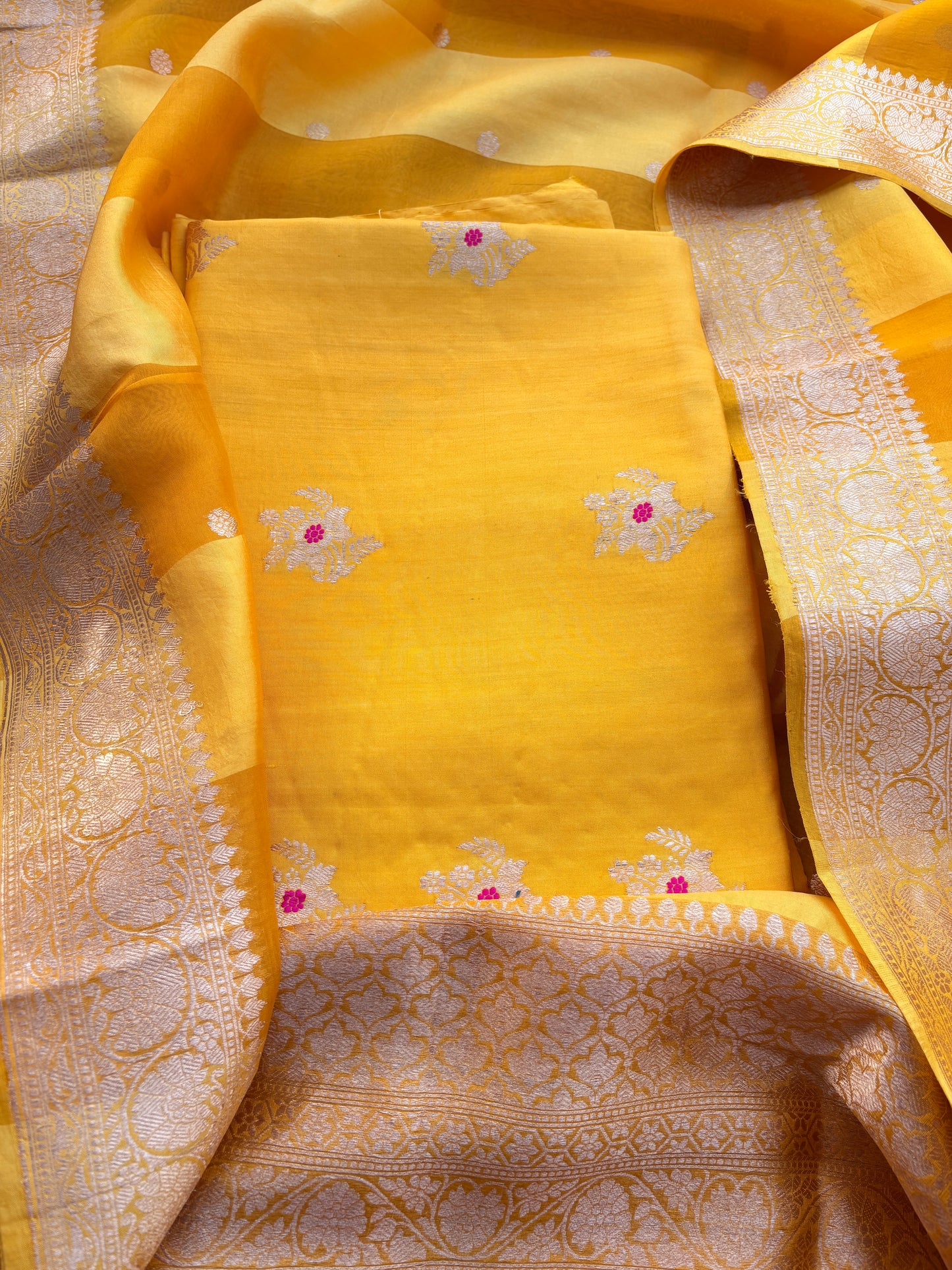 Yellow Chiniya silk kadhwa suit set