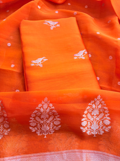 Orange mango silk kadhwa , kora silk suit set