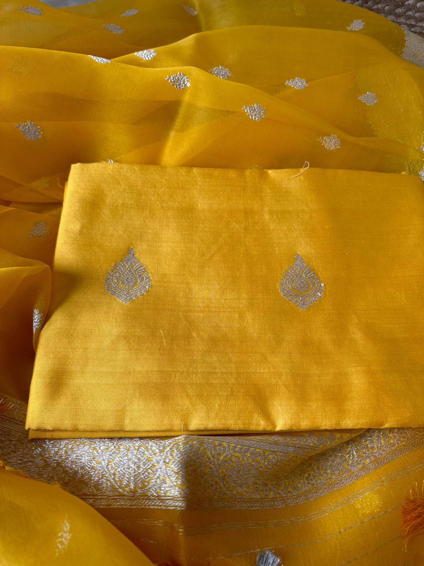 Yellow silver zari chiniya kurta, kora silk dupatta and plain bottom