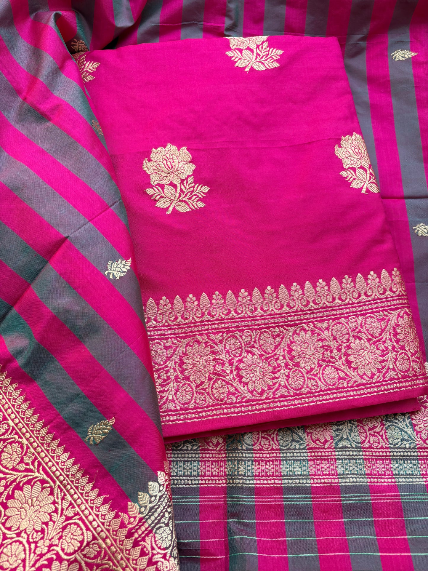 Pink katan by katan silk kadhwa suit set with stripe katan dupatta