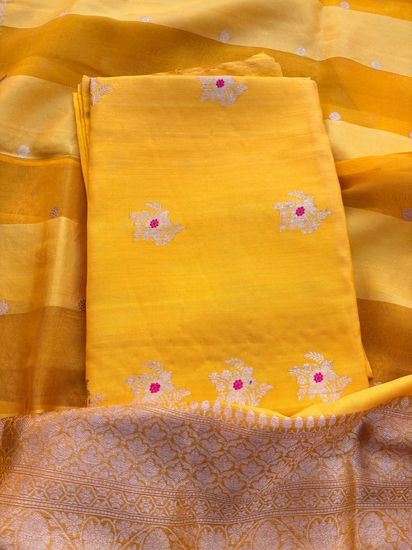 Yellow Chiniya silk kadhwa suit set