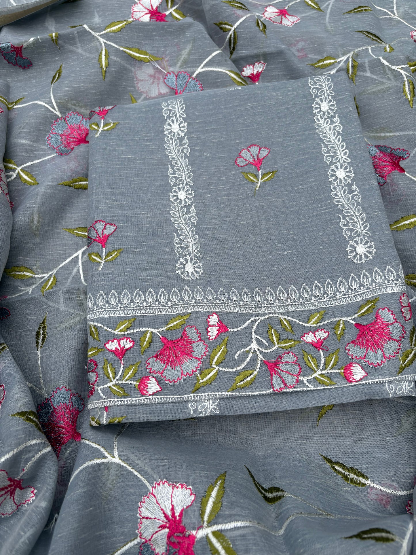 Grey linen cotton embroidered 3 piece suit set
