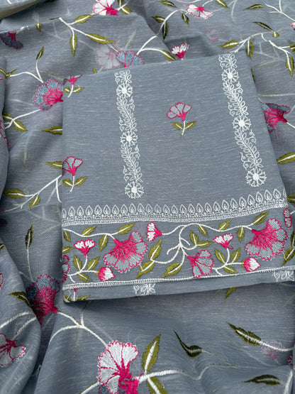Grey linen cotton embroidered 3 piece suit set