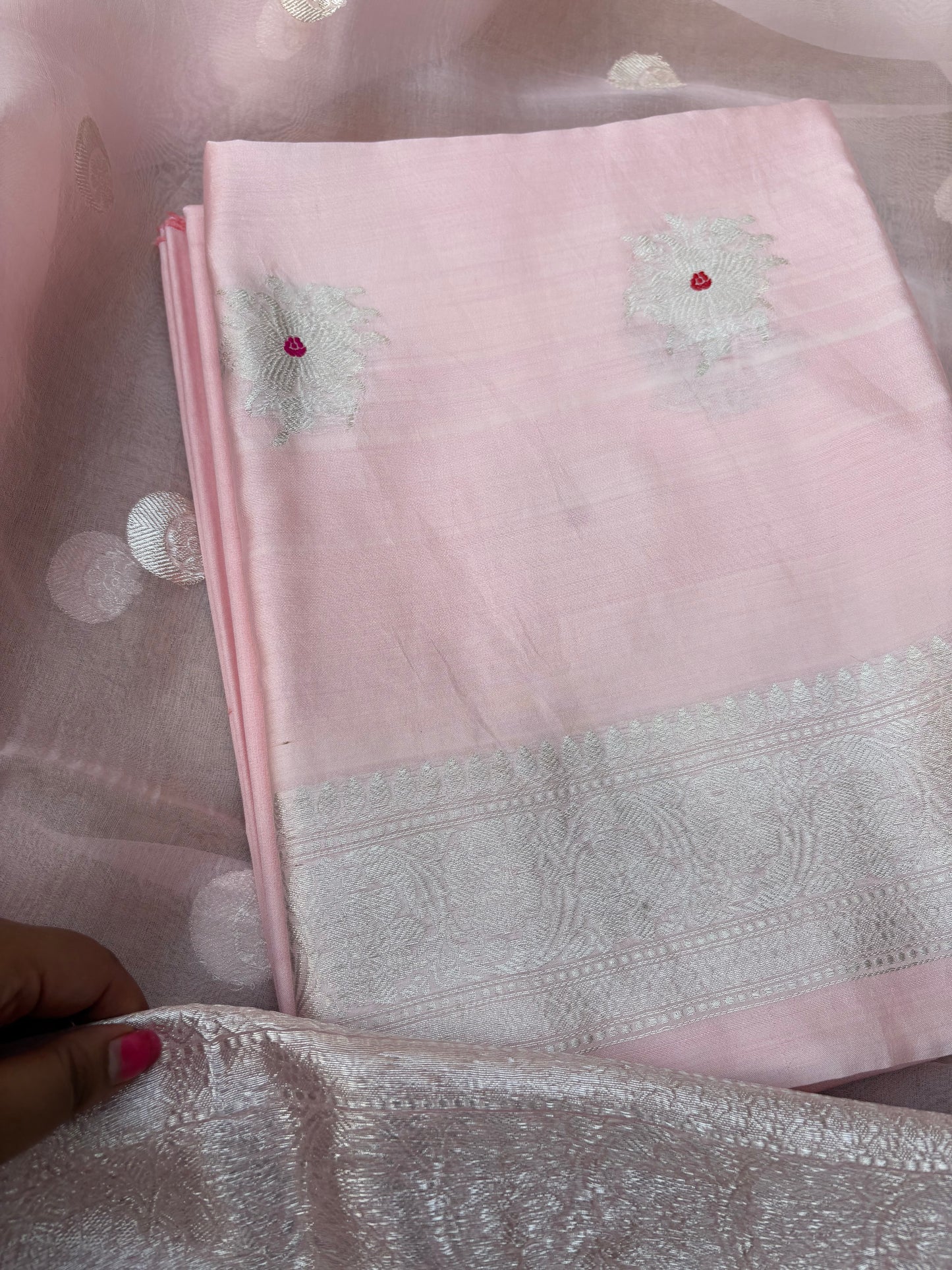 Pink Chiniya silk  silver zari 3 piece suit set