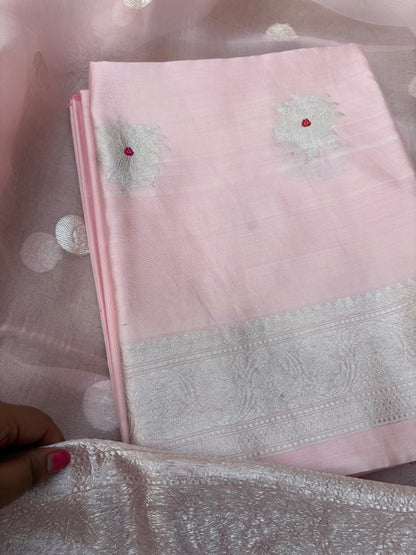 Pink Chiniya silk  silver zari 3 piece suit set