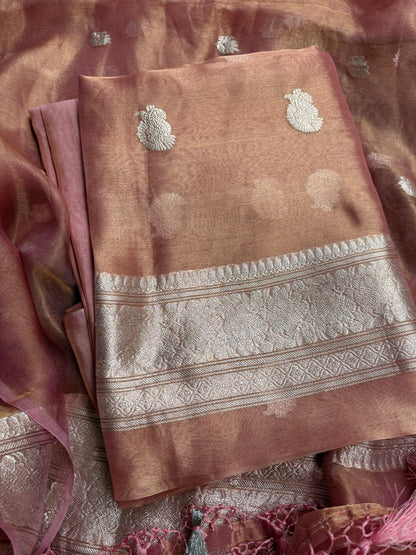 Pink tissue suit set with two sided border dupatta
