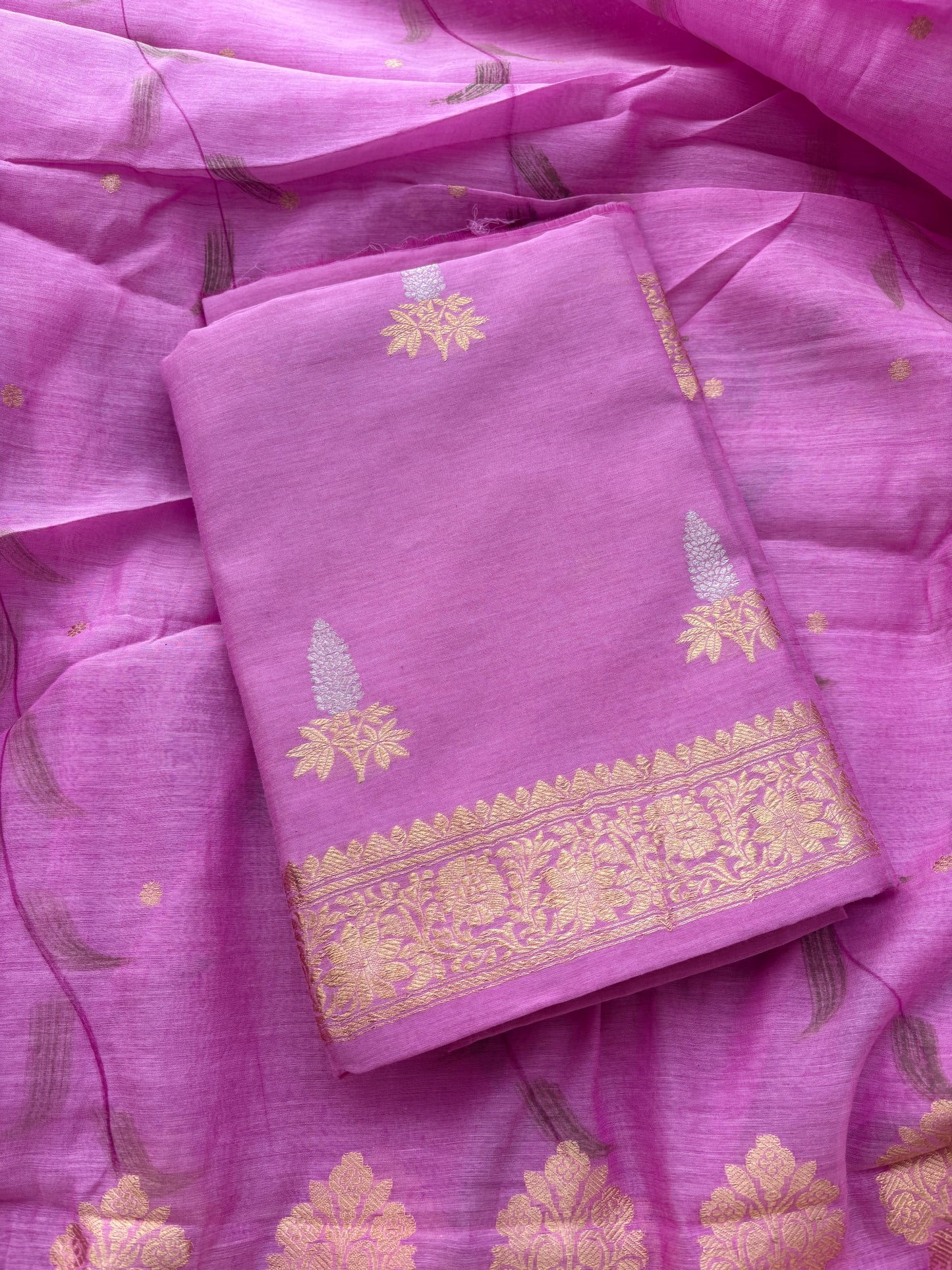 Pink cotton kadhwa silk suit set