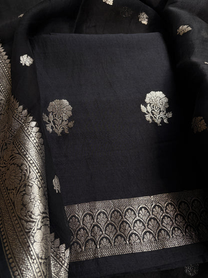 Black silver zari Chiniya silk suit set