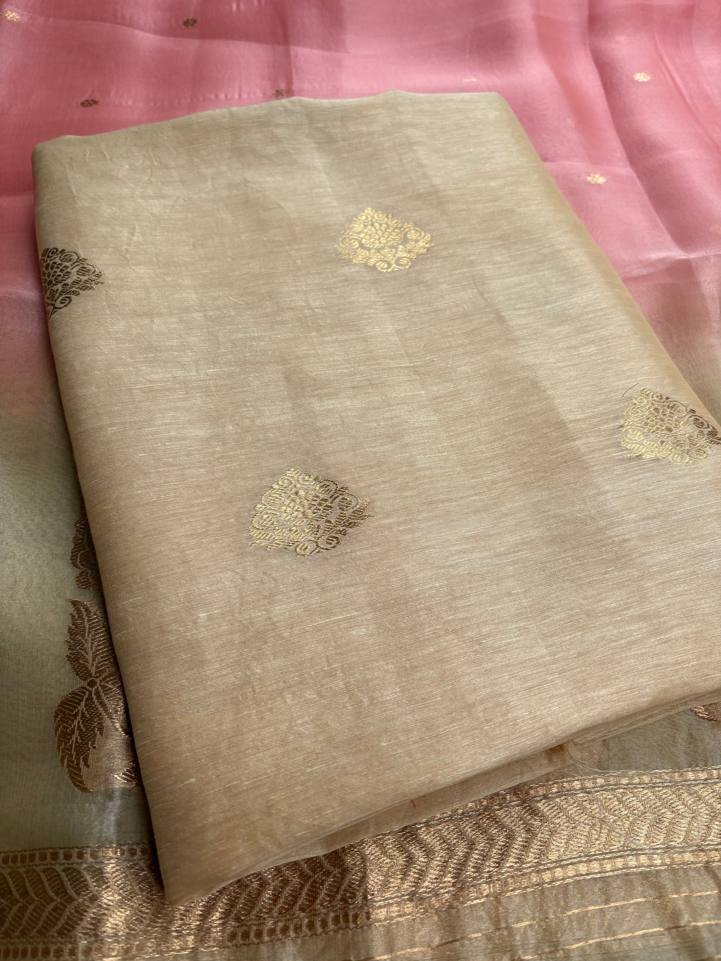 Beige linen silk kurta with kora silk dupatta