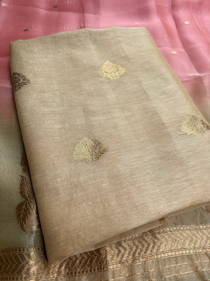 Beige linen silk kurta with kora silk dupatta