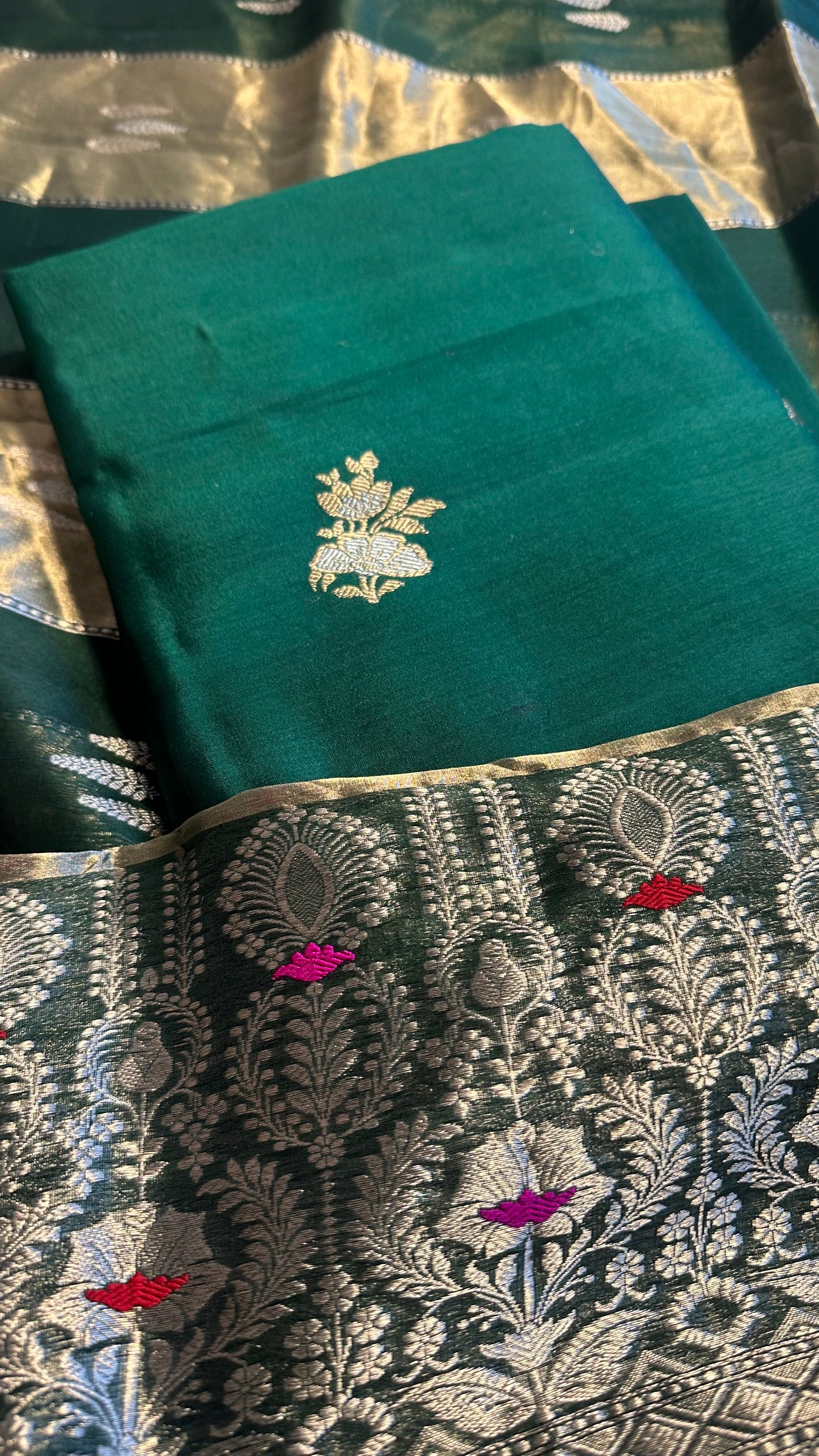 Bottle green chiniya silk kurta, kora tissue dupatta, plain silk bottom