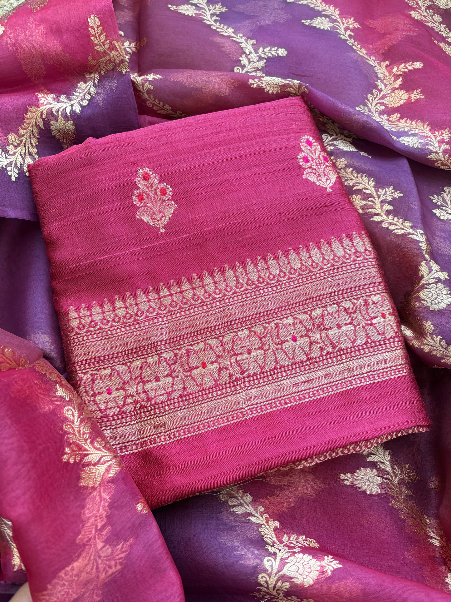 Pink raw silk suit with rangkat dupatta