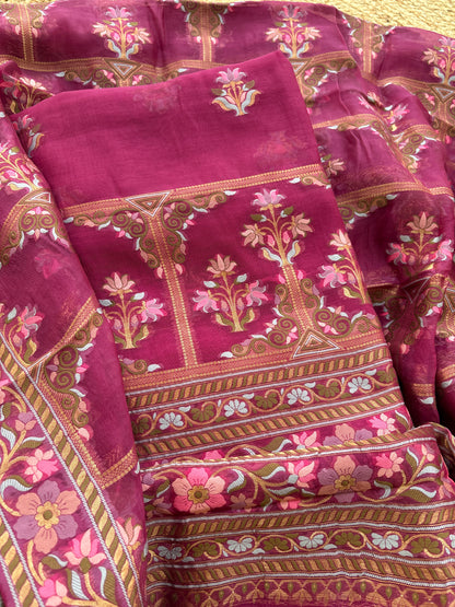 Magenta kora silk jaal suit set