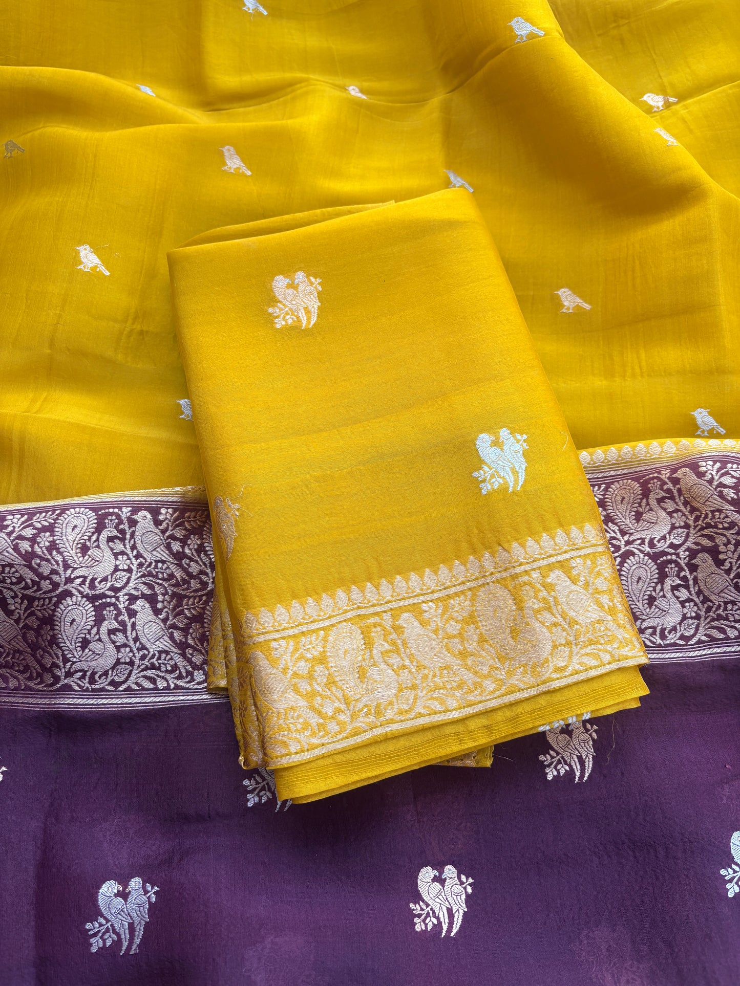 Mustard Kora silk suit set with shaded dupatta
