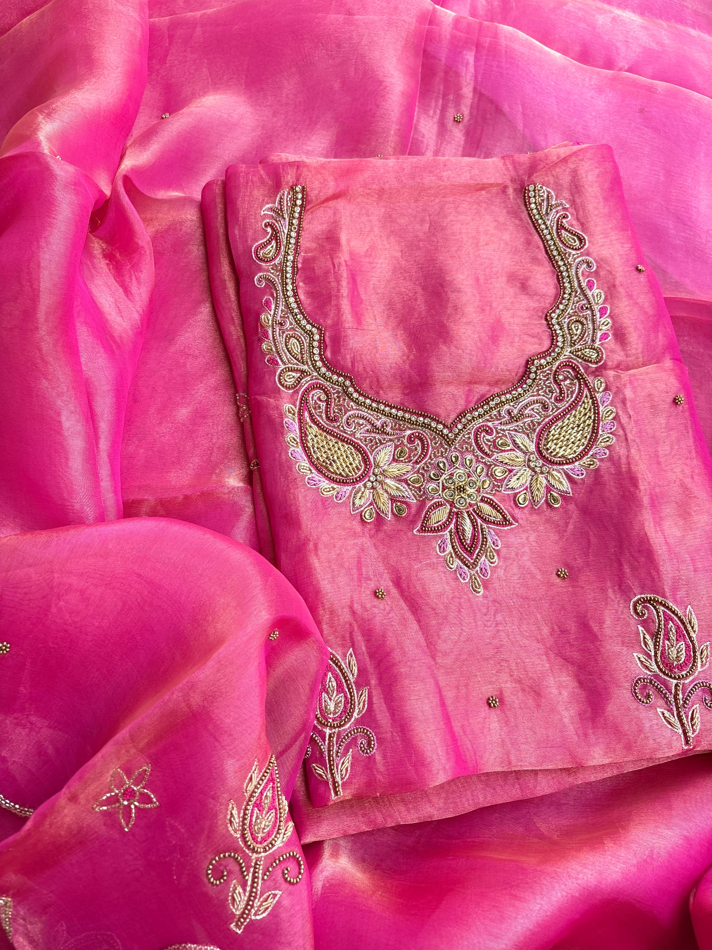Pink tissue hand embroidered pure silk suit set