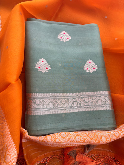 Green mustard kora kadhwa silk suit set