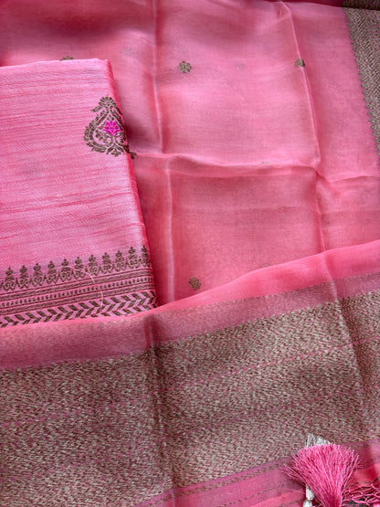 Pink raw silk tussar kadhwa suit set