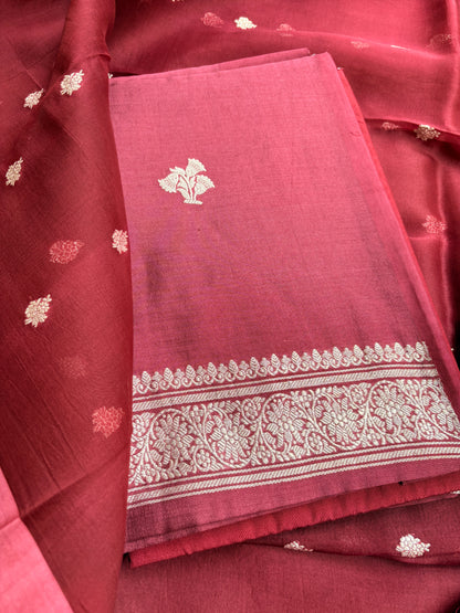 Maroon Chiniya Silk silver zari 3 piece suit set