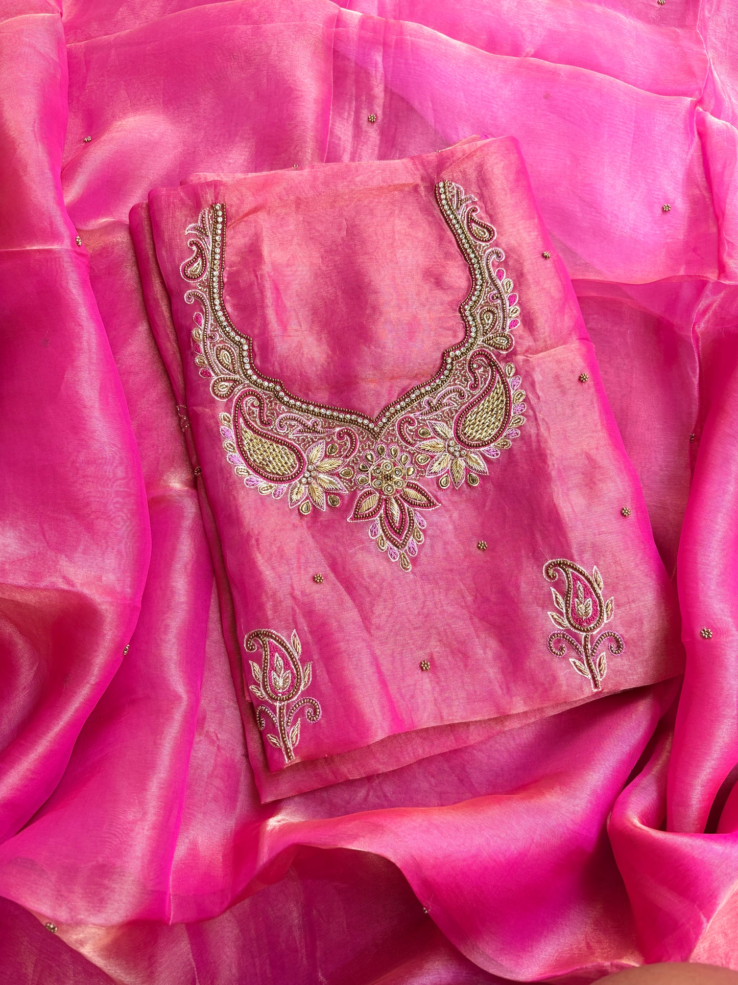 Pink tissue hand embroidered pure silk suit set