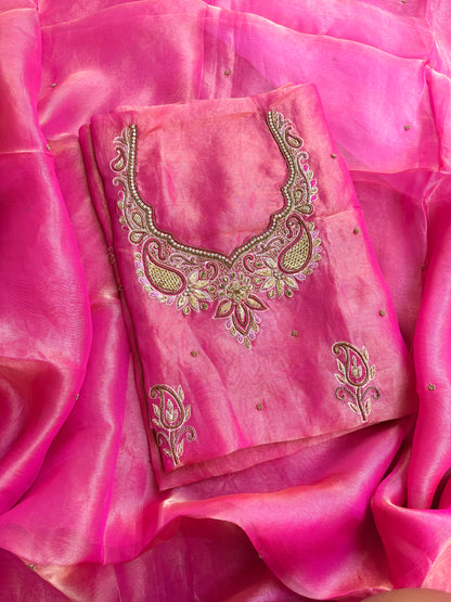 Pink tissue hand embroidered pure silk suit set