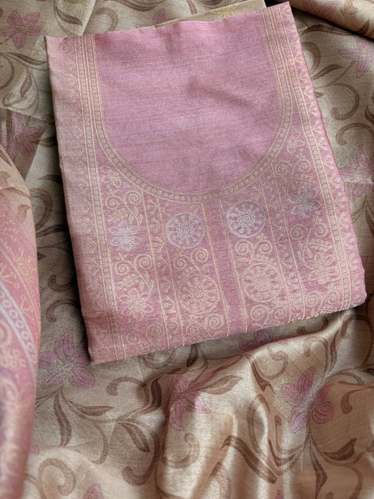 Pink tussar printed suit set