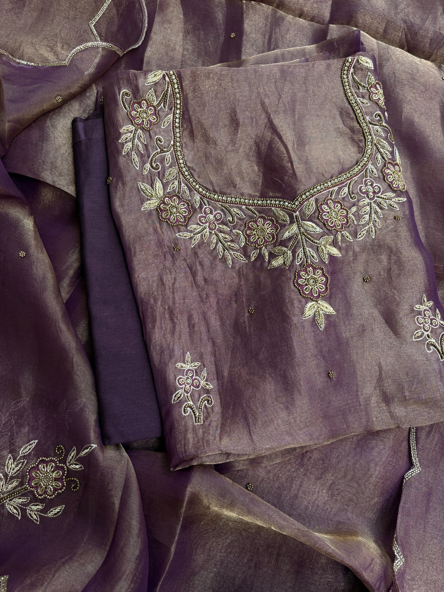 Purple tissue hand embroidered suit set