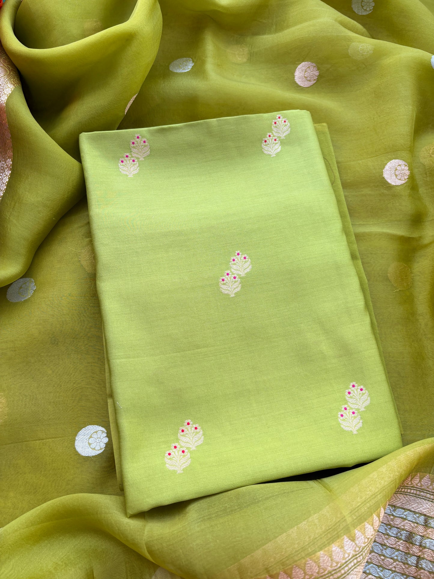Green Chiniya silk kora suit set