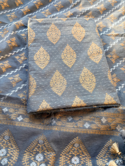 Grey Chanderi Jamdani weaving suit set