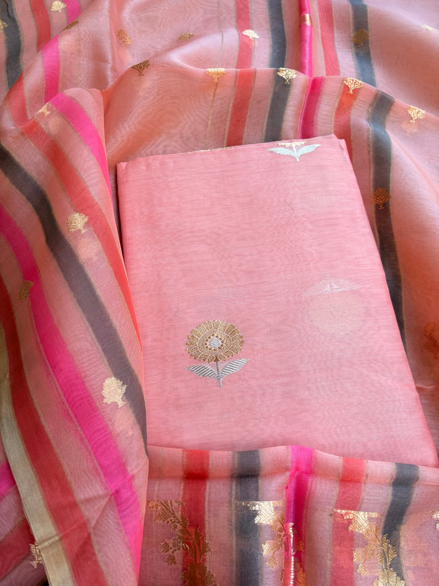 Peach Chiniya silk kurta , bottom and kora kadhwa dupatta