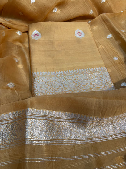 Light yellow meenadar silver zari Chiniya kora suit set