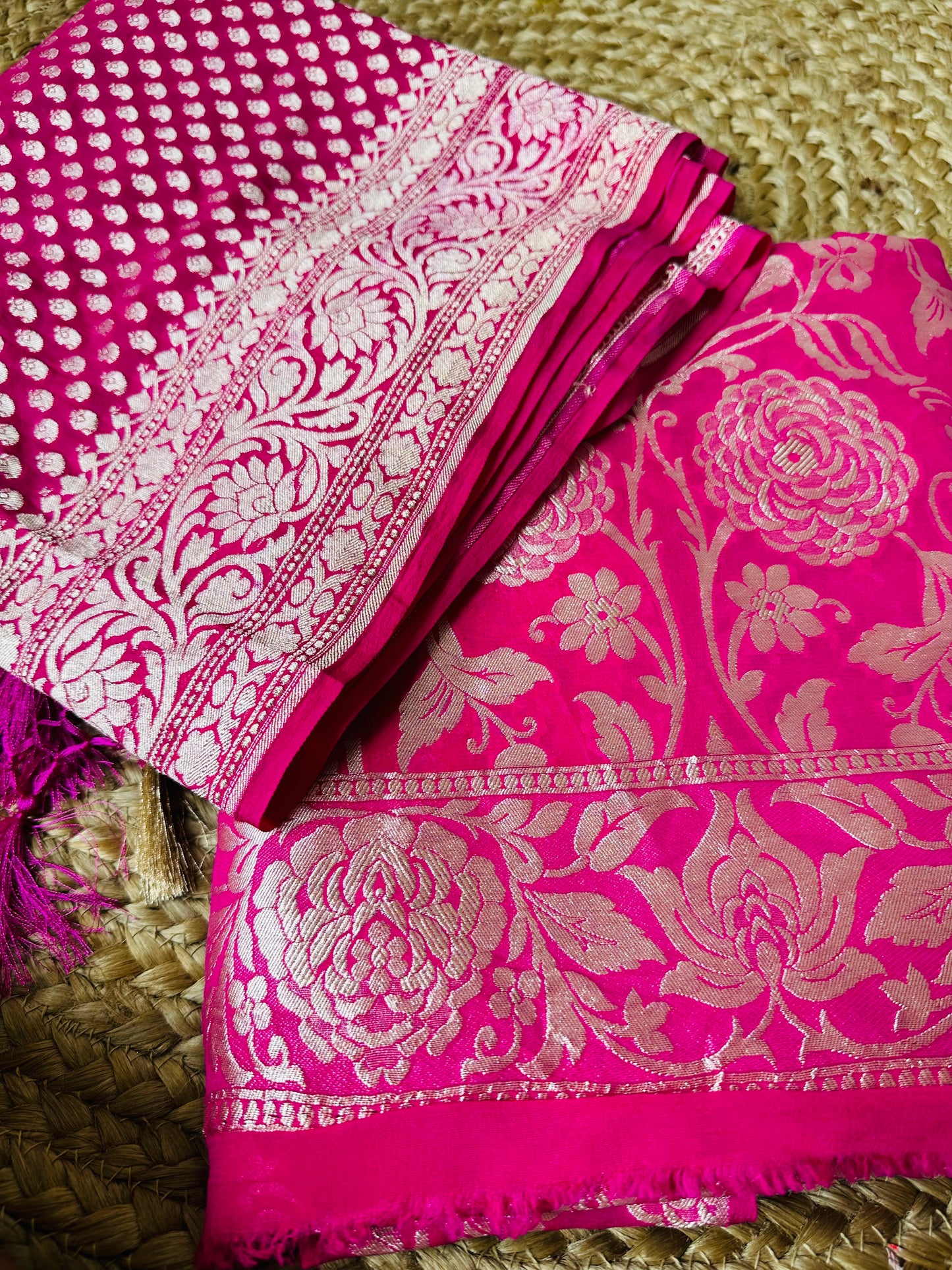 Hot pink khaddi georgette 2 pieces set, heavy zari work.