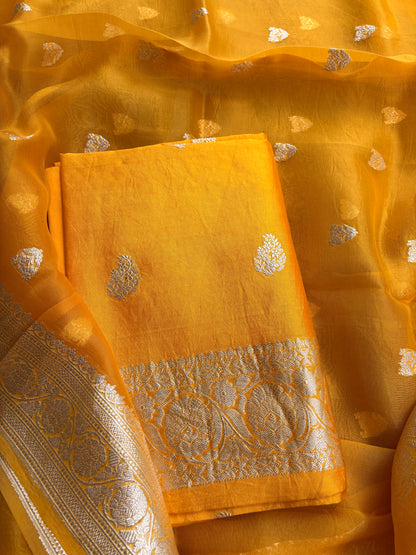 Yellow Chiniya silk silver zari suit set