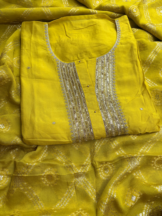 Yellow hand work 3 piece suit set
