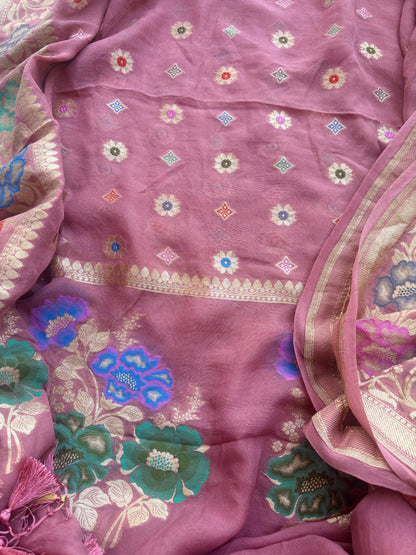 Peach meenadar weaving Khaddi georgette suit set