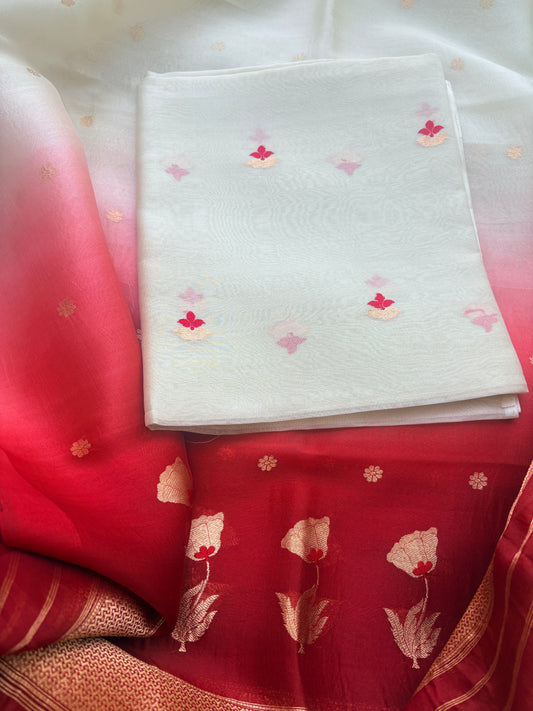 White and red kora silk shaded suit set