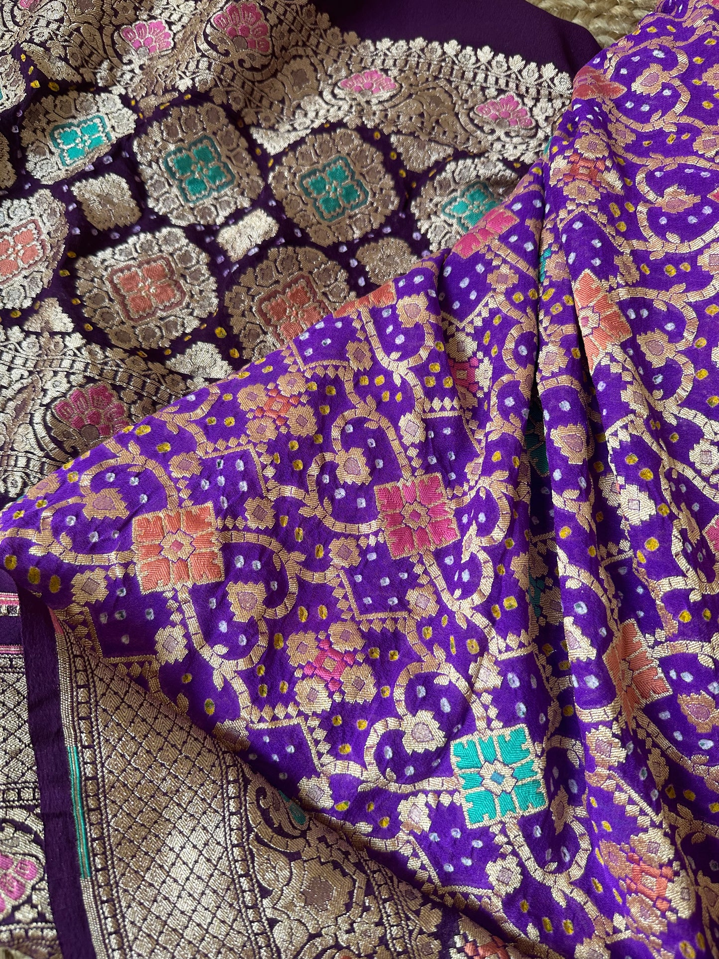 Purple multicoloured khaddi georgette bandhani dupatta