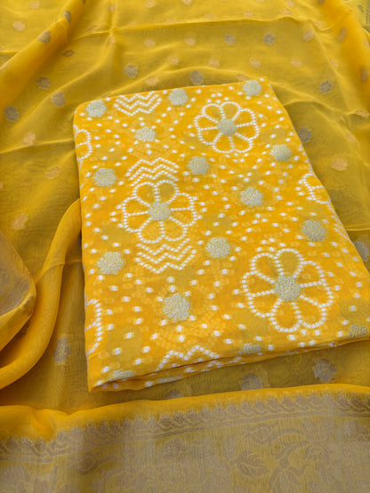 Yellow premium chiffon bandhani 3 piece suit set
