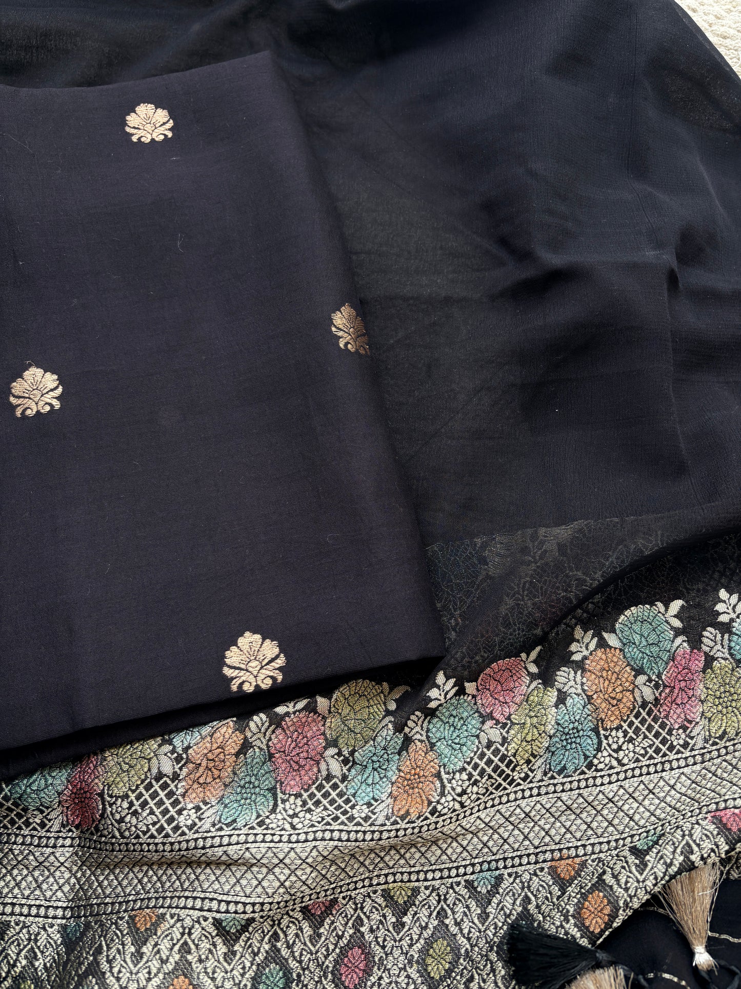 Black Chiniya silk suit set with Khaddi georgette meenadar dupatta