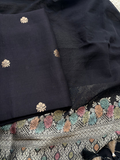 Black Chiniya silk suit set with Khaddi georgette meenadar dupatta