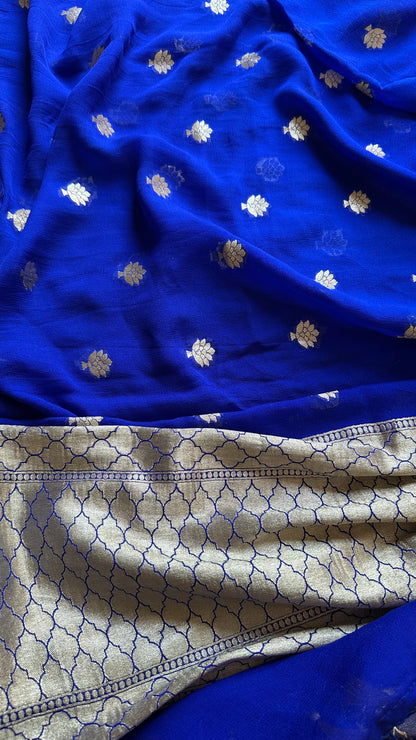 Blue pure moonga silk kurta, moonga silk bottom and georgette dupatta.