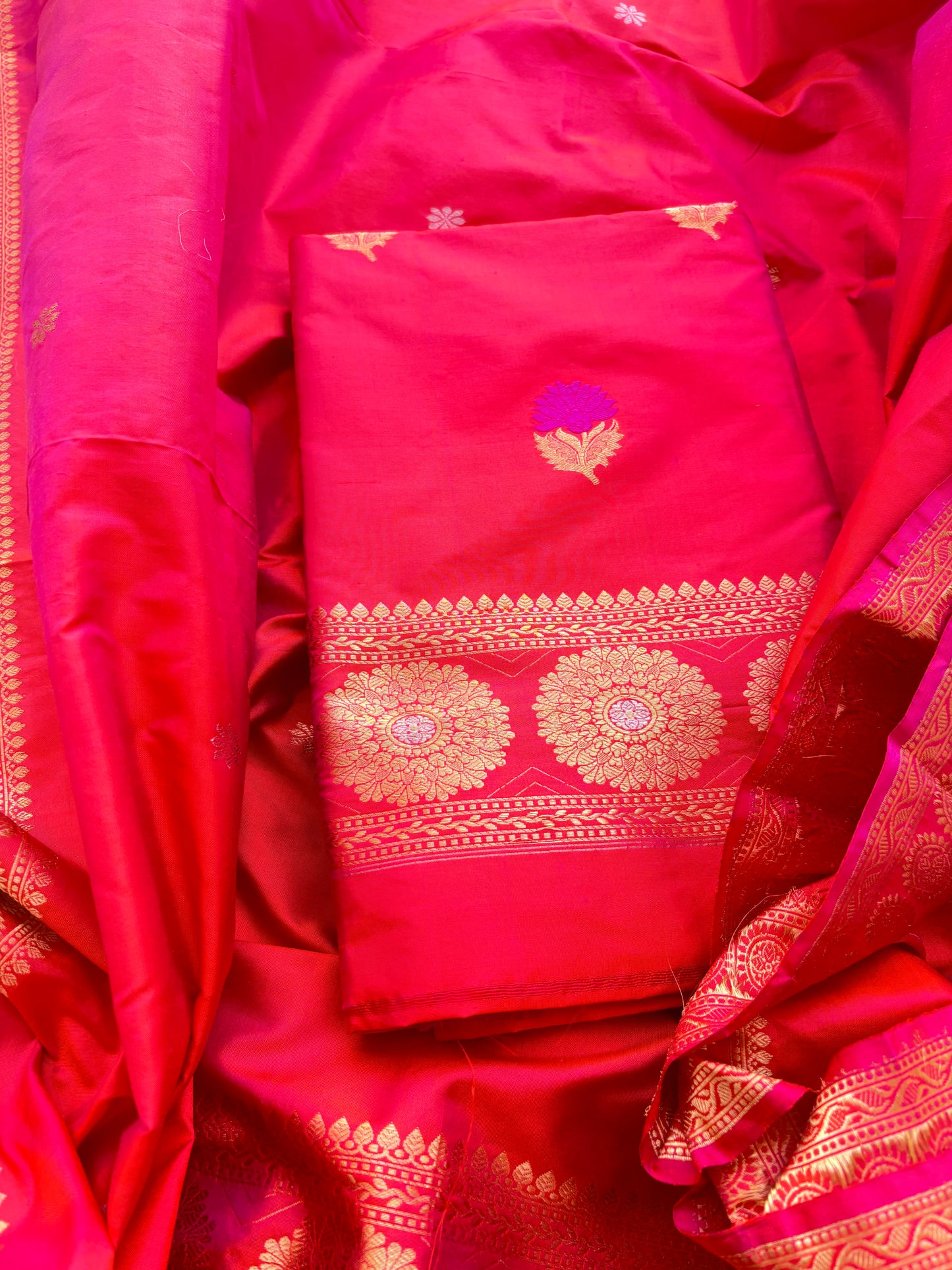 Red pink katan by katan silk kadhwa suit set