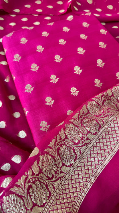 Pink chiniya katan kurta, georgette dupatta, plain silk bottom.