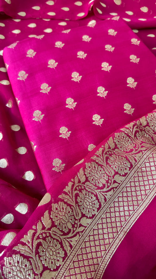 Pink chiniya katan kurta, georgette dupatta, plain silk bottom.