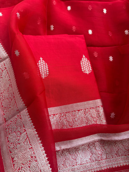 Red Chiniya kora silk silver zari suit