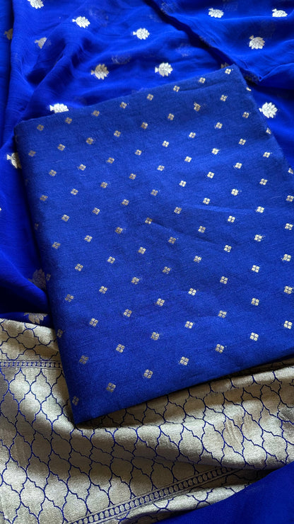 Blue pure moonga silk kurta, moonga silk bottom and georgette dupatta.