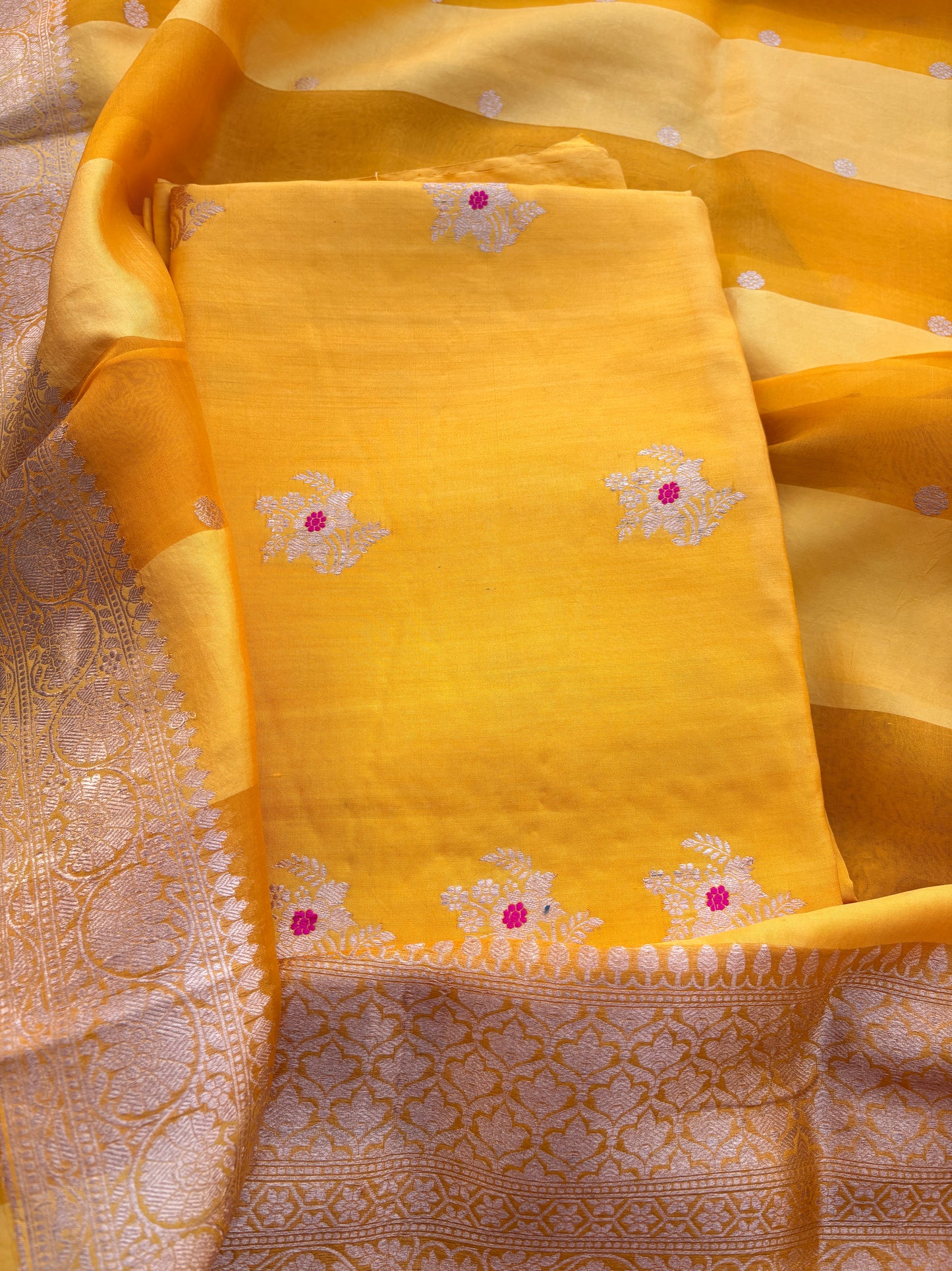 Yellow Chiniya silk kadhwa suit set
