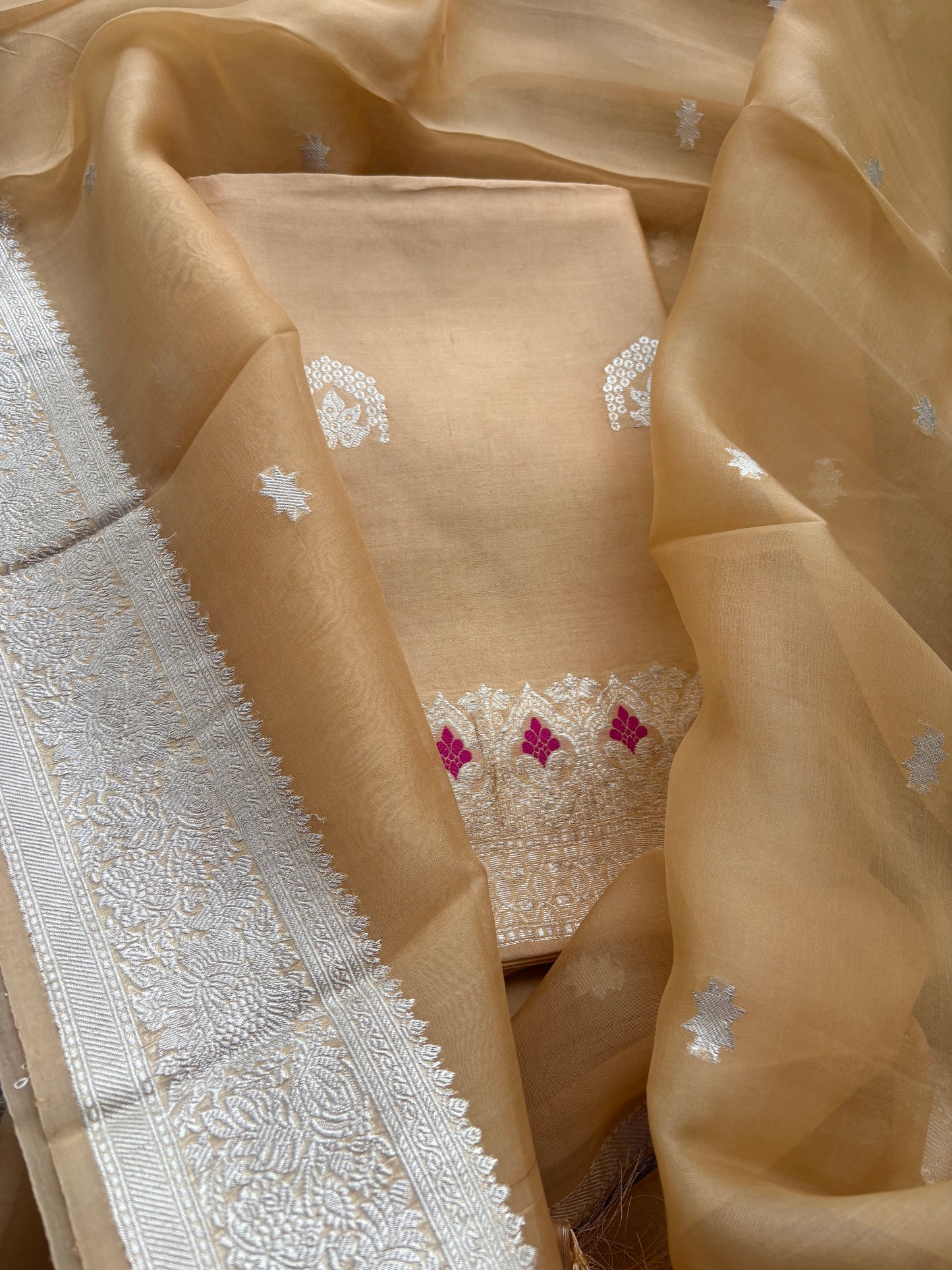 Beige Chiniya silk suit set with kora silk silver zari dupatta