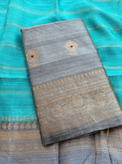 Grey blue tussar kadhwa suit set